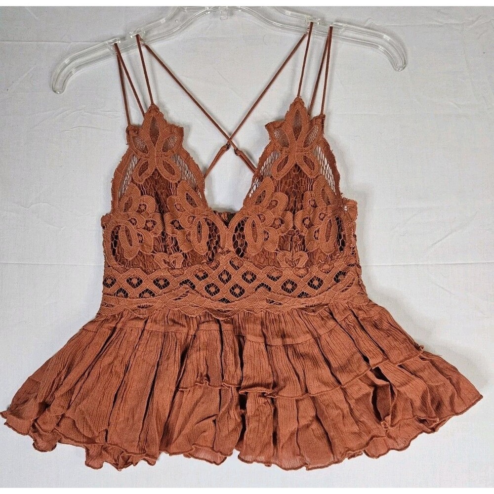 Free People Tank Top Women's Small Orange Adella Lace Ruffle Babydoll Cami